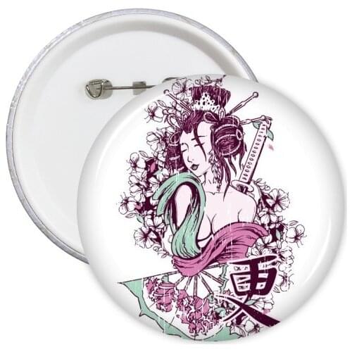 Japan Japanese Sumi-e Sexy Geisha Kimono Fan Sakura Samurai Sword Girl Round Pins Badge Button Clothing Decoration 5pcs