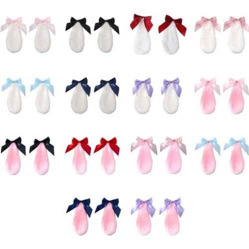 Kawaii Women Girls Hair Clip Cute Rabbit Bunny Plush Lop Ears Hairpin Candy Color Ribbon Bowknot Lolita Cosplay Hair Accessories