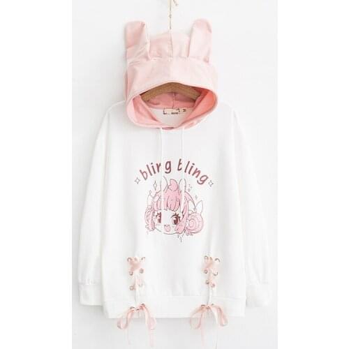 Super Cute Rabbit Ears Fall Autumn Womens Loose Hoodies Thicken Warm Pullovers Hooded Color Patchwork Tops Student