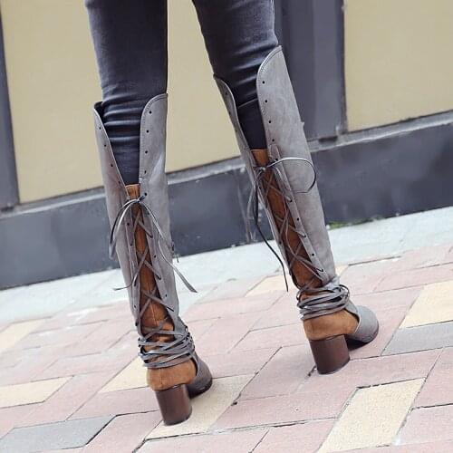 New Women Boots Autumn Winter Women Knee High Boots Casual Vintage Leather Lace Up Riding Boots low Heel Boots Plus Size 34-47
