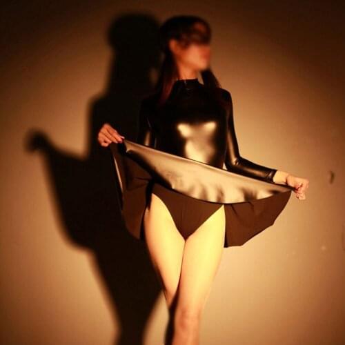 Oil Shiny Faux Leather Black Dress For Women Cosplay Stage Costume Studen Bodysuit Pleated Dress Long Sleeve Elegant Sexy Dressy