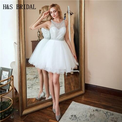 H&S BRIDAL 2018 party prom dresses white cocktail dresses sheer neck tulle skirt vestido cocktail gowns