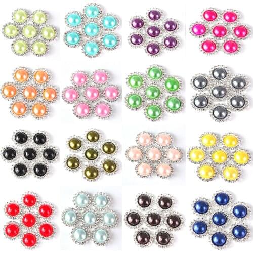 20pcs 15mm Red Half Round Pearls Rhinestone Pink Silver Buttons Flatback Crystal White Diamond Button For Wedding Dress B0971