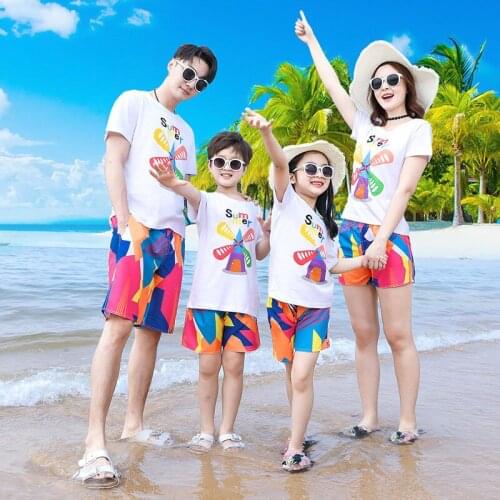 2020 Beach Family Matching Outfits Mother Daughter Father Son Mommy and Me Clothes Cotton T-shirt+Quick Dry Shorts Clothing Sets