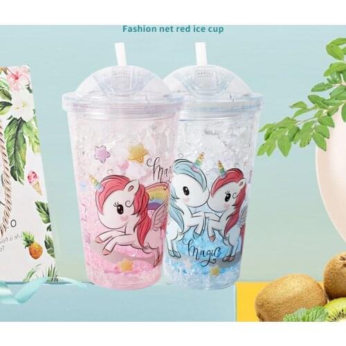 Unicorn Water Bottle Straw Type With Lids Drinking Bottle Summer Student Cute Ice Cup Plastic Female Durable Cartoon Kettle Cups