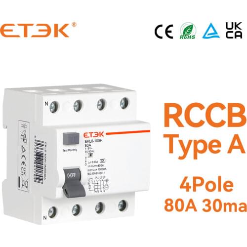 ETEK EKL6-100H-3N8030A RCCB 10KA 3P+N 80A 30mA Type A