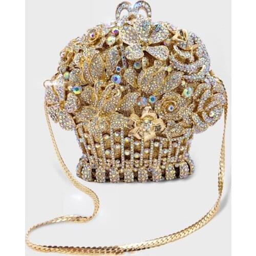 New Arrival Flower Basket Shape Gold Metal Lady Handbags AB Rhinestone Crystal Clutch Bags Evening Clutches Women Dinner Purse