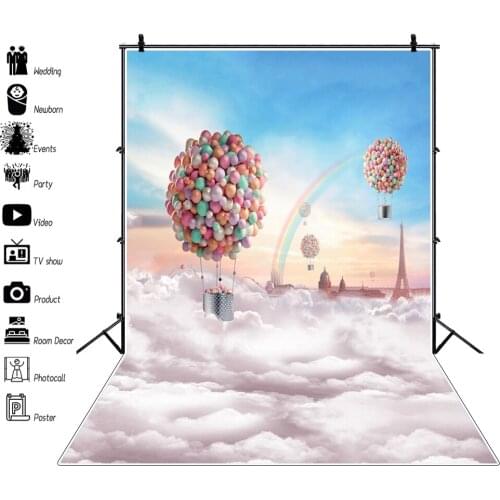 Laeacco Hot Air Balloon Sky Clouds Floor Sunset Scene Baby Shower Photography For Background Portrait Customized Poster Backdrop