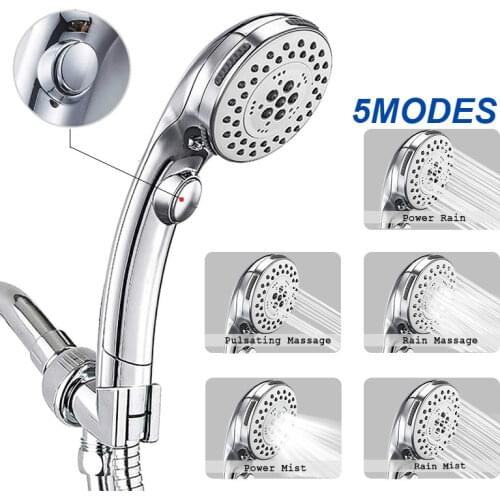 High Pressure 5 Setting Shower Head Hand-Held with ON/OFF Switch and Spa Spray Mode Hand Held Shower Head Spray Shower
