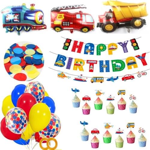 Boy Car Transport Decoration Happy Birthday Banner Train Fire Truck Engineering Vehicle Party Colored Confetti Balloons