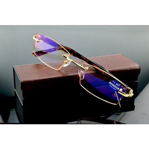 Diamond Cutting Titanium Alloy Rimless Royal Deluxe Men shallow brown Reading Glasses +0.75 +1 +1.5 +1.75 +2 +2.5 +2.75 To +4
