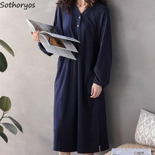 V-neck Solid Long Sleeve Women Nightgowns Side-slit New Elegant Vintage Soft Mid-calf Homewear Daily Trendy Chic Japanese Style