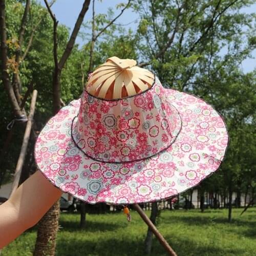 2021 New Bamboo Foldable Hand Fan Sun Hat Women Sunhat Hat with 2 in 1 Foldable Chinese Style Bamboo Frame Floral Printed