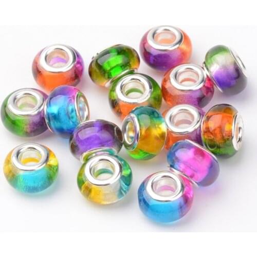 PandaHall 10pcs 14x9mm Resin European Beads Large Hole Rondelle Beads for Jewelry Making with Brass Cores Mixed Color