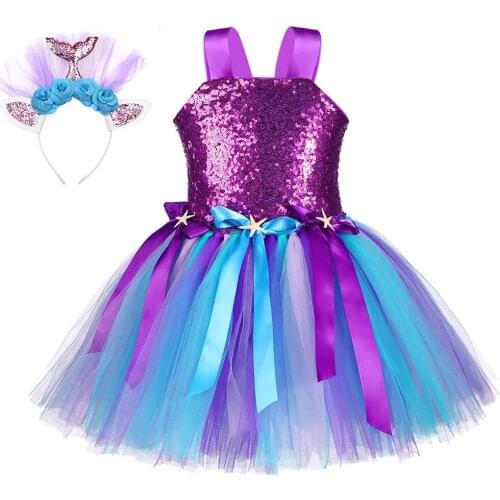 Purple Blue Sequins Mermaid Tutu Dress Starfish Girls Princess Dress Under The Sea Costume Kids Halloween Birthday Party Dress