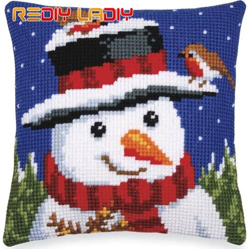 DIY Cross Stitch Cushion Snowman Cardinal Needlepoint Kits Pre-Printed Canvas Thick Yarn Cross-stitch Pillow Case Art and Crafts