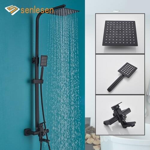 Senlesen Bathroom Shower Faucet Black 8 /10/12 inch Rainfall Shower Head Wall Mounted Shower Set Cold and Hot Water Mixer Tap