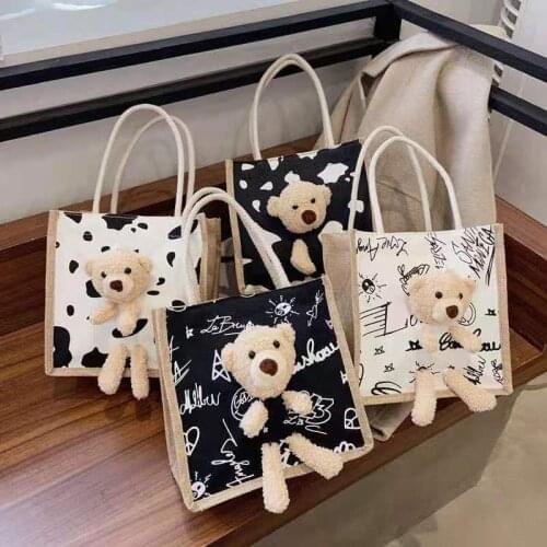 3D Bear Lunch Bags Waterproof Nylon Portable Zipper Thermal Canvas Linen Lunch Bags For Women Convenient Lunch Box Tote Food Bag