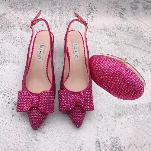 BS1281 Custom Handmade SlingBacks Dress Pumps Block Heel Women Shoes Bridal Wedding Fuchsia Pink Crystal Shoes And Bag Set