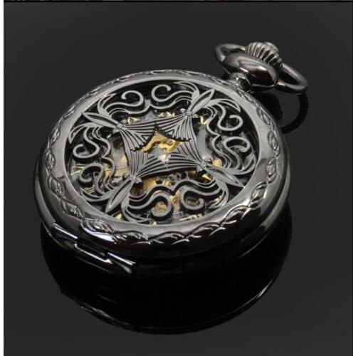 Vintage black mechanical Chinese knot is hollow-out Roman numerals men and woman cowboy chain pocket watches
