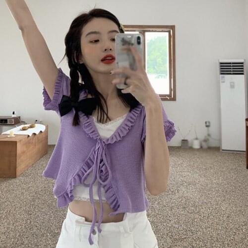 Japanese Solid Color Casual Wild Short Sleeved Shirt Knitted Slim Crop Top Feamle Cut Sweet Outer Wear Lace-Up Cardigan Blouse
