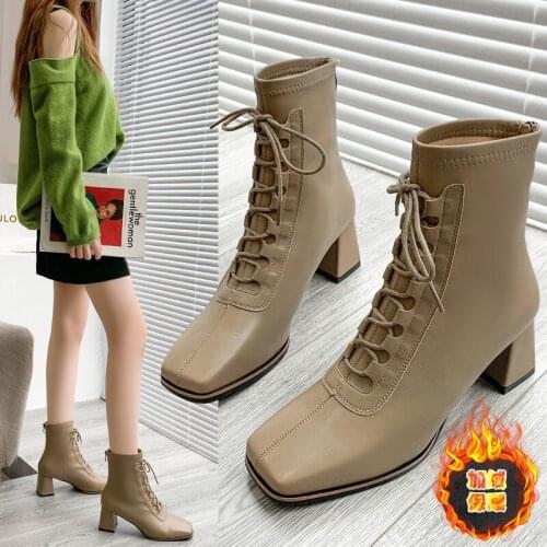 Chelsea Short Boots Women 2021 New Thick-heeled Lace-up Thin Ankle Boots Autumn Winter High-heeled Female Modern Boots
