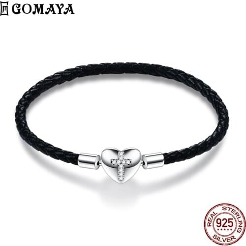 GOMAYA Braided Rope Bracelets For Couple 925 Sterling Silver Cross Shape Cubic Zirconia Black Bracelet Show Love Fine Jewelry
