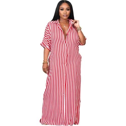 Plus Size S-3XL Classic Striped Print Floor Length Maxi Dress for Women Streetwear Short Sleeve Maxi Dresses Vestidos