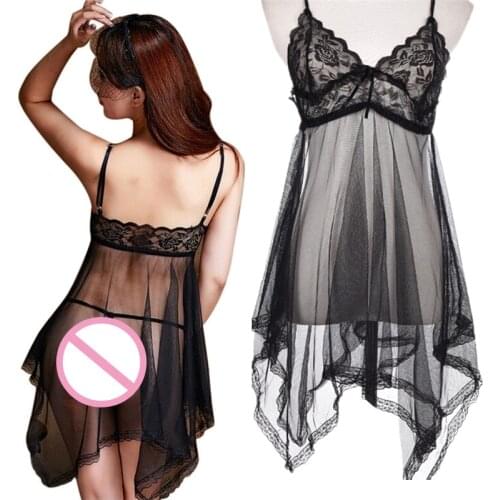 Perspective Sexy Lingerie Set Womens Ultra-thin Transparent Suspenders Lace Net Gauze Nightgown 1 Set