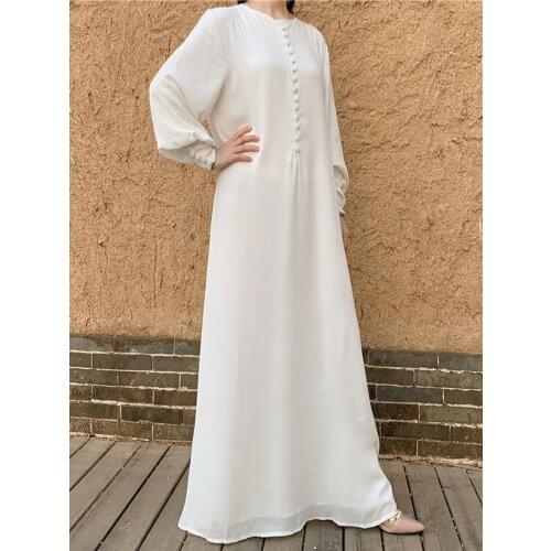 Women Full Lined Plain Dress Maxi Chiffon Buttoned Front Long Sleeves Dubai Arab Turkey Muslim Hijab Robe Modest Gown Elegant