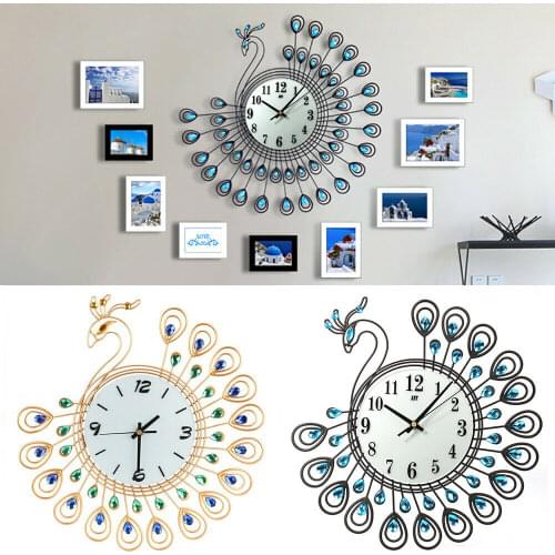 3D Peacock Wall Clock Metal Watch Diamond Flower Home Living Room Office DIY Clocks Crafts Ornaments Gift 38x38cm