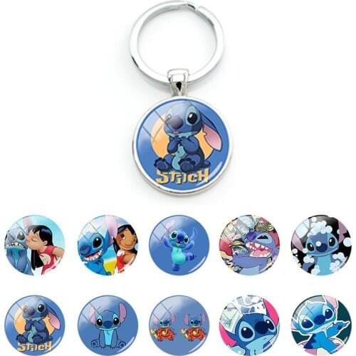 Disney Lilo & Stitch Cute Cartoon Stitch Key Chain Bag Car Keyholder Glass Cabochon Pendant Keychains for Boys Girls New DSN453