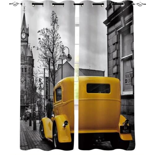 Building House Yellow Car Street Window Curtains for Living Room Bedroom Kitchen Modern Curtains Home Decoration Drapes Blinds