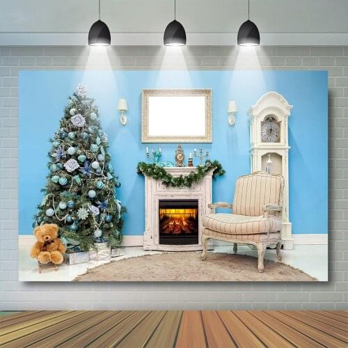 Blue Christmas Room Photography Backdrop Kids Portrait Toy Bear Child Family Christmas Tree Fireplace Festival Prop Photostudio