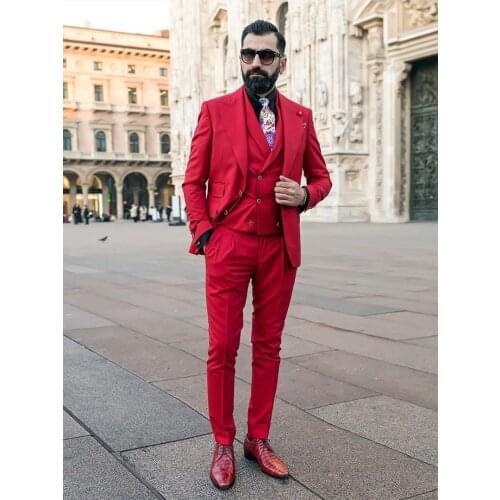 Red Men Suits for Wedding Custom Made Groom Tuxedo Slim Fit Groomsmen Suit Best Man Blazer Costume Homme 3 Piece Coat Pants Vest