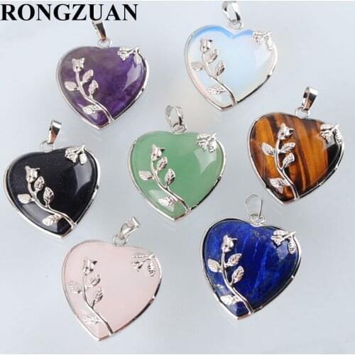 Natural Tigers Eye Lapis Lazuli Blue Sand Opalite Rose Quartzs Amethysts Aventurine Stone Heart Pendant Beads 7pcs/lot TC059