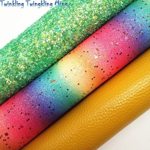 Rainbow Glitter leather with Stars, Green Glitter and Litchi Faux Fabric For Bow A4 21x29CM Twinkling Ming KM164