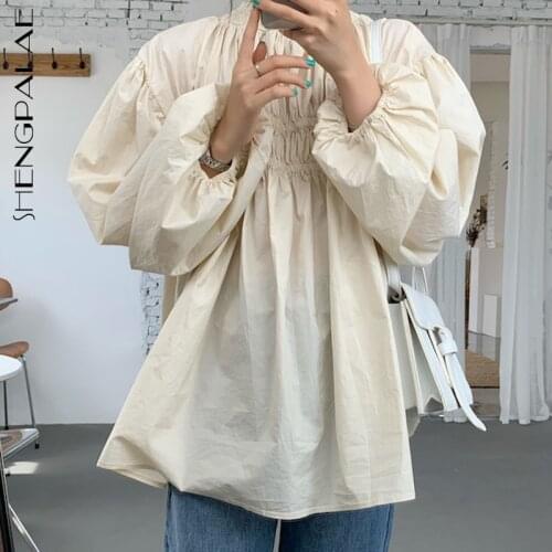 SHENGPALAE Versatile Cream Apricot Blouse Womens Spring 2021 New Round Neck Pleated Loose Bubble Sleeve Shirt Female 5A1308