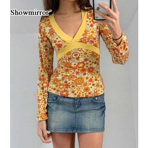 Showmirror Y2K Floral Printed T-Shirts Women Vintage Aesthetic Kawaii Clothes Contrast Tie Up V Neck Long Sleeve Baby Tee Autumn
