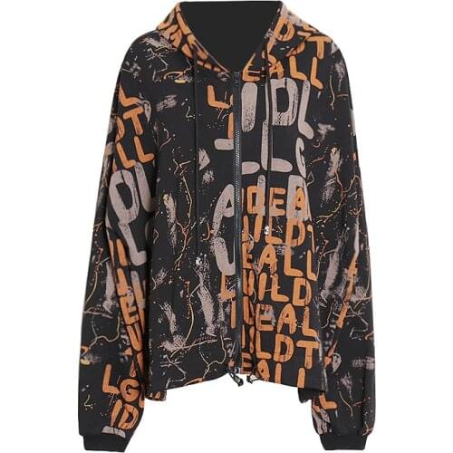 Free Size Retro Letter Printed Hoodies Women Zipper Up Sweatshirts Hooded Jackets Long Sleeve Tops