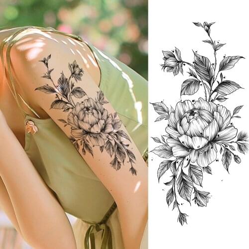 3D Waterproof Flower Rose Temporary Tattoos Stickers For Women Girls Black Peony Lily Tattoo Body Art Realistic Fake Tatoo