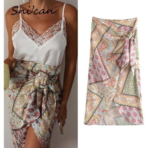 Patchwork Paisley Knots Skirt High Waist Asymmetrical Sexy Midi Faldas Mujer Boho Casual Jupe Femme Summer Za 2021 Women Skirts