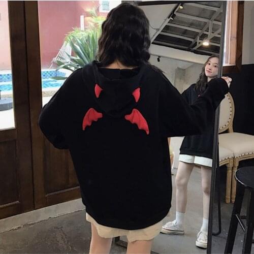 Hoodies Girl Little Devil Horns Gothic Sweatshirts Women Demon Harajuku Fly Wings Loose Pullovers Pocket Tops Streetwear