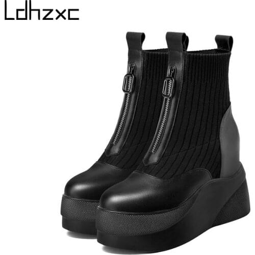 LDHZXC New Style Women Shoes Punk Wedge High Heel 9.5cm Black White Genuine Leather Platform Gothic Ankle Boots