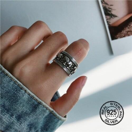 925 Sterling Silver Rings For Women Opening Adjustable Carved Pattern Elephant Face Retro Design Fashion Jewelry Men Female Gift