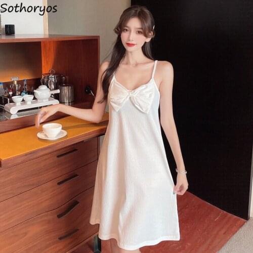 Women Solid Nightgowns Bow Sweet Sleeveless Sexy Slim Candy Color Cozy Breathable Sleepshirts High Quality Females Summer Lounge