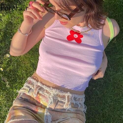 Forefair Floral Print Blue Sexy Crop Top Women Summer 2021 O Neck Sleeveless Off Shoulder Pink Basic Casual Y2k Tank Tops