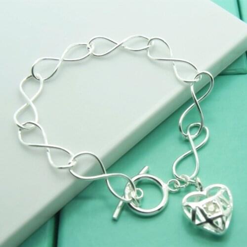 Womens Fine Jewelry 925 Sterling Silver Hollow Chain Heart Charm 8'' Bracelet Bileklik For Women