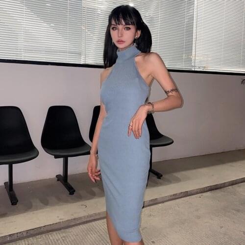 Autumn Summer Halter Backless Sexy Knitted Pencil Dress Women Backless Long Bodycon Party Dress Elegant Summer Dresses 2020