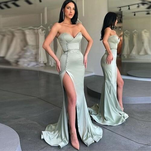 Strapless Mermaid Evening Dresses Long 2021 Women Sweetheart Simple ​Side Split Button Prom Gowns Custom Made vestido de fiesta